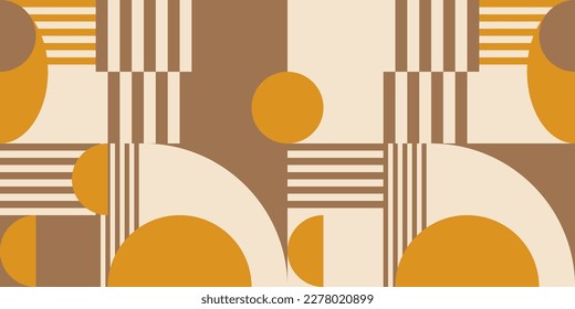 Modern vector abstract  geometric background with circles, rectangles, squares and stripes  in retro Bauhaus style. Pastel colored  
graphic pattern with simple shapes in vintage 70s style.