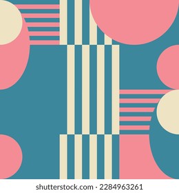 Modern vector abstract  geometric background with circles, rectangles, squares and stripes  in retro Bauhaus style. Pastel colored  
graphic pattern with simple shapes in vintage 70s style.