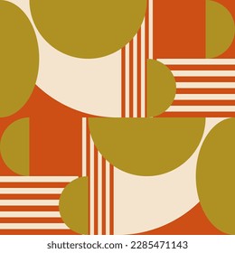 Modern vector abstract  geometric background with circles, rectangles, squares and stripes  in retro Bauhaus style. Pastel colored  
graphic pattern with simple shapes in vintage 70s style.