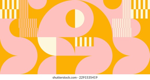 Moderner, abstrakter, geometrischer Hintergrund mit Kreisen, Rechtecken und Quadraten im Retro-Skandinavien-Stil. Pastellfarbene, einfache Formen, grafisches Muster. Abstrakte Mosaikkunst.