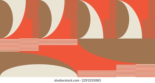 Modern vector abstract  geometric background with circles, rectangles, squares and stripes  in retro Bauhaus style. Pastel colored  
graphic pattern with simple shapes in vintage 70s style.