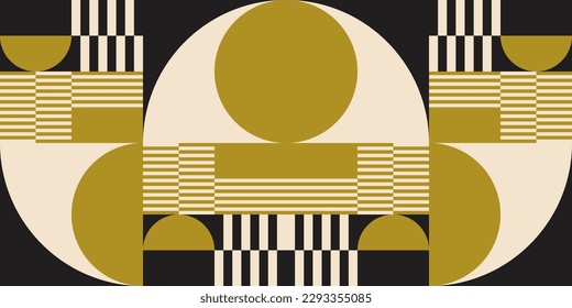 Modern vector abstract  geometric background with circles, rectangles, squares and stripes  in retro Bauhaus style. Pastel colored  
graphic pattern with simple shapes in vintage 70s style.