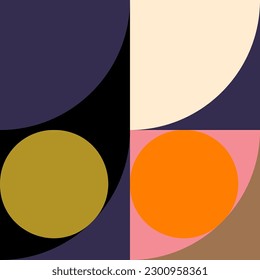 Modern vector abstract  geometric background with circles, rectangles and squares  in retro Scandinavian style. Pastel colored simple shapes graphic pattern.