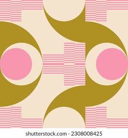 Modern vector abstract  geometric background with circles, rectangles, squares and stripes  in retro Bauhaus style. Pastel colored  
graphic pattern with simple shapes in vintage 70s style.