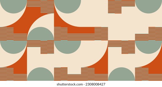 Modern vector abstract  geometric background with circles, rectangles, squares and stripes  in retro Bauhaus style. Pastel colored  
graphic pattern with simple shapes in vintage 70s style.