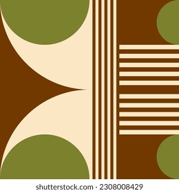 Modern vector abstract  geometric background with circles, rectangles, squares and stripes  in retro Bauhaus style. Pastel colored  
graphic pattern with simple shapes in vintage 70s style.