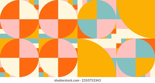 Modern vector abstract  geometric background with circles, rectangles and squares  in retro scandinavian style. Pastel colored simple shapes graphic pattern. Abstract mosaic artwork.