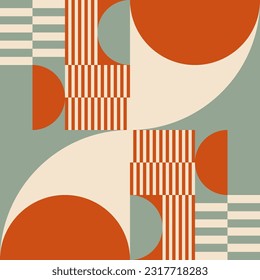 Moderner, abstrakter, geometrischer Hintergrund mit Kreisen, Rechtecken, Quadraten und Streifen im Retro-Bauhaus-Stil. Pastellfarben  
Grafikmuster mit einfachen Formen im Stil der 70er Jahre.