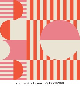Modern vector abstract  geometric background with circles, rectangles, squares and stripes  in retro Bauhaus style. Pastel colored  
graphic pattern with simple shapes in vintage 70s style.
