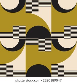 Modern vector abstract  geometric background with circles, rectangles, squares and stripes  in retro Bauhaus style. Pastel colored  
graphic pattern with simple shapes in vintage 70s style.