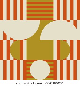 Modern vector abstract  geometric background with circles, rectangles, squares and stripes  in retro Bauhaus style. Pastel colored  
graphic pattern with simple shapes in vintage 70s style.