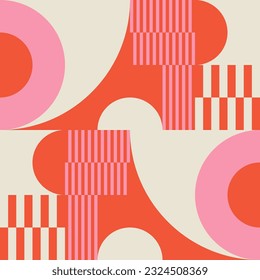 Modern vector abstract  geometric background with circles, rectangles, squares and stripes  in retro Bauhaus style. Pastel colored  
graphic pattern with simple shapes in vintage 70s style.