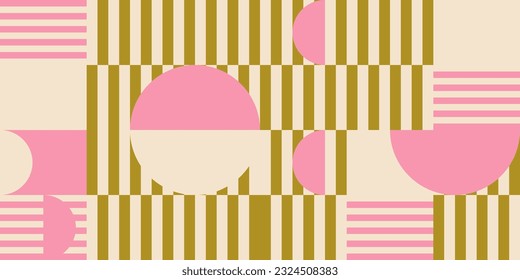 Modern vector abstract  geometric background with circles, rectangles, squares and stripes  in retro Bauhaus style. Pastel colored  
graphic pattern with simple shapes in vintage 70s style.