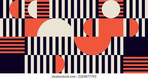 Modern vector abstract  geometric background with circles, rectangles, squares and stripes  in retro Bauhaus style. Pastel colored  
graphic pattern with simple shapes in vintage 70s style.