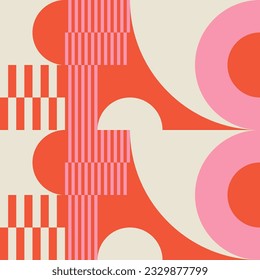 Modern vector abstract  geometric background with circles, rectangles, squares and stripes  in retro Bauhaus style. Pastel colored  
graphic pattern with simple shapes in vintage 70s style.