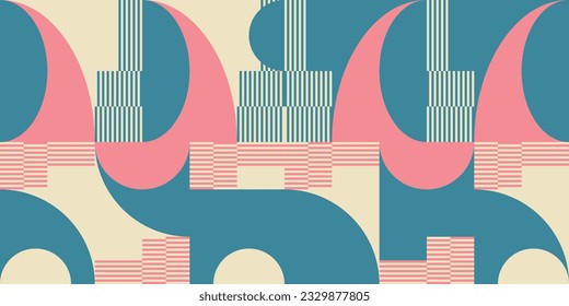 Modern vector abstract  geometric background with circles, rectangles, squares and stripes  in retro Bauhaus style. Pastel colored  
graphic pattern with simple shapes in vintage 70s style.