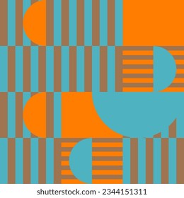 Modern vector abstract  geometric background with circles, rectangles, squares and stripes  in retro Bauhaus style. Pastel colored  
graphic pattern with simple shapes in vintage 70s style.