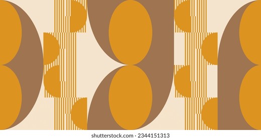 Modern vector abstract  geometric background with circles, rectangles, squares and stripes  in retro Bauhaus style. Pastel colored  
graphic pattern with simple shapes in vintage 70s style.