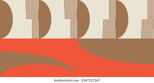 Moderner, abstrakter, geometrischer Hintergrund mit Kreisen, Rechtecken, Quadraten und Streifen im Retro-Bauhaus-Stil. Pastellfarben  
Grafikmuster mit einfachen Formen im Stil der 70er Jahre.