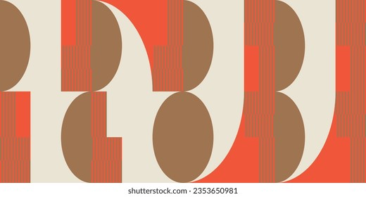 Modern vector abstract  geometric background with circles, rectangles, squares and stripes  in retro Bauhaus style. Pastel colored  
graphic pattern with simple shapes in vintage 70s style.