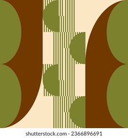 Modern vector abstract  geometric background with circles, rectangles, squares and stripes  in retro Bauhaus style. Pastel colored  
graphic pattern with simple shapes in vintage 70s style.