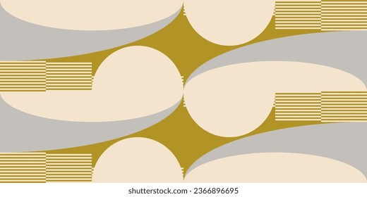 Modern vector abstract  geometric background with circles, rectangles, squares and stripes  in retro Bauhaus style. Pastel colored  
graphic pattern with simple shapes in vintage 70s style.