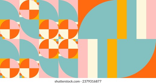 Fondo geométrico abstracto vectorial moderno con círculos, rectángulos y cuadrados en estilo catastrófico retro. Patrón gráfico de formas simples de color pastel. Resumen de arte en mosaico.