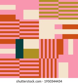 Modern vector abstract  geometric seamless pattern, background with stripes, rectangles and squares  in retro scandinavian style. Pastel colored simple shapes graphic pattern. Abstract mosaic artwork.