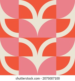Modernes, abstraktes geometrisches, nahtloses Muster mit Kreisen, Rechtecken und Quadraten im Retro-Skandinavien-Stil. Pastellfarbene, einfache Formen, grafischer Hintergrund. Abstrakte Mosaikkunst.