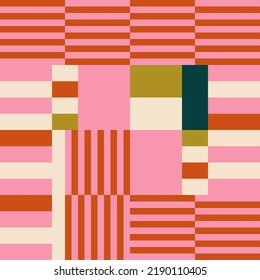 Modernes, abstraktes, geometrisches, nahtloses Muster, Hintergrund mit Streifen, Rechtecken und Quadraten im Retro-skandinavischen Stil. Pastellfarbene, einfache Formen, grafisches Muster. Abstrakte Mosaikkunst.