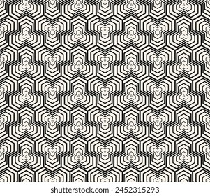 Moderne Vektorgrafik abstrakte geometrische nahtlose Muster mit Halbtonlinien, Sechseck-Formen, Gitter. Schwarz-weiß geometrischer Hintergrund. Einfache lineare Textur. Monochromes wiederholtes dekoratives Geo-Design