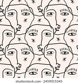 Modern vector abstract minimalistic continuous face portrait seamless pattern. Linear ink brush. Line art current contemporary continuous cubism painting ornament. Fashion style black and white
