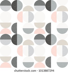 Modern vector abstract seamless geometric pattern with semicircles and circles in retro scandinavian style. Pastel colors shapes with worn out texture on white background.