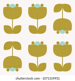 Modern vector abstract seamless geometric pattern with stylized flowers and leaves in retro scandinavian style. Pastel vintage colors shapes with worn out texture .
