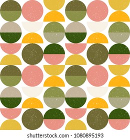 Modern vector abstract seamless geometric pattern with semicircles and circles in retro scandinavian style. Pastel colors shapes with worn out texture on white background.