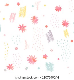 Modern vector abstract seamless geometric pattern with stylized flowers and leaves in retro scandinavian style. Pastel vintage colors shapes with worn out texture .