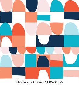 Modern vector abstract seamless geometric pattern with semicircles and square in retro scandinavian style. Pastel colors shapes on white background.