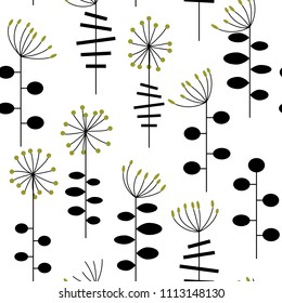 Modern vector abstract seamless geometric pattern with stylized flowers and leaves in retro scandinavian style.
