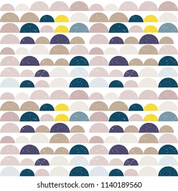 Modern vector abstract seamless geometric pattern with  semicircles in retro scandinavian style. Worn out textured shapes in fun soft pastel colors combinations. 
