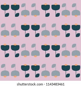 Modern vector abstract seamless geometric pattern with stylized flowers and leaves in retro scandinavian style. Pastel vintage colors shapes with worn out texture .