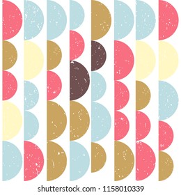 Modern vector abstract seamless geometric pattern with  semicircles in retro scandinavian style. Worn out textured shapes in fun soft pastel colors combinations. 