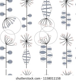 Modern vector abstract seamless geometric pattern with stylized flowers and leaves in retro scandinavian style.