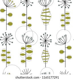 Modern vector abstract seamless geometric pattern with stylized flowers and leaves in retro scandinavian style.