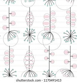 Modern vector abstract seamless geometric pattern with stylized flowers and leaves in retro scandinavian style.