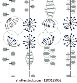 Modern vector abstract seamless geometric pattern with stylized flowers and leaves in retro scandinavian style.