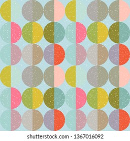 Modern vector abstract seamless geometric pattern with semicircles and circles in retro scandinavian style. Pastel colored colorful shapes with worn out texture .