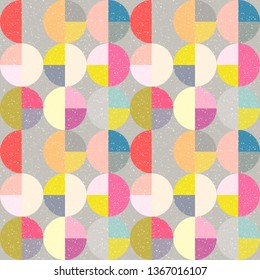 Modern vector abstract seamless geometric pattern with semicircles and circles in retro scandinavian style. Pastel colored colorful shapes with worn out texture .
