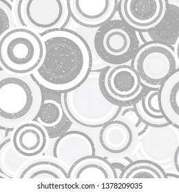 Modern vector abstract seamless geometric pattern with  circles in retro scandinavian style. Neutral gray and white colored shapes with worn out texture.
