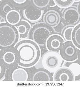 Modern vector abstract seamless geometric pattern with  circles in retro scandinavian style. Neutral gray and white colored shapes with worn out texture.