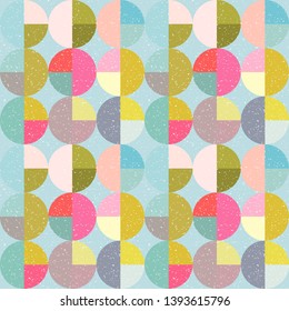Modern vector abstract seamless geometric pattern with semicircles and circles in retro scandinavian style. Pastel colored colorful shapes with worn out texture .